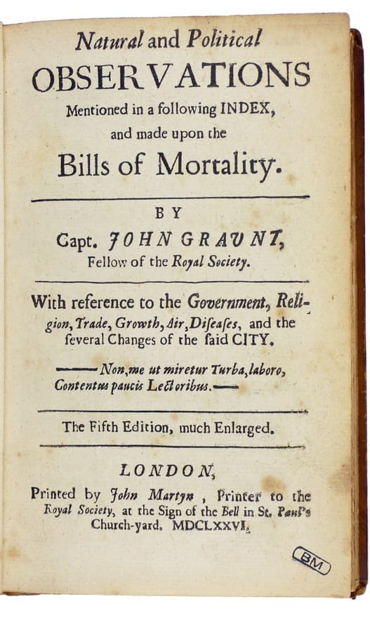 Title page of the fifth edition of John Graunt's Natural and Political Observations made upon the Bills of Mortality, London, 1676