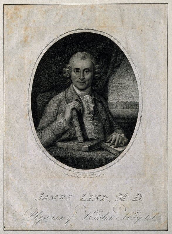 Stipple engraving of James Lind, the naval physician who ran the 1747 scurvy trial, seated with books, inscribed James Lind M.D., Physician of Haslar Hospital