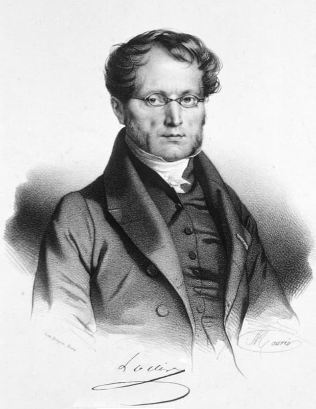 Lithograph portrait of Pierre Charles Alexandre Louis, a French physician in spectacles and a dark coat, with his signature below