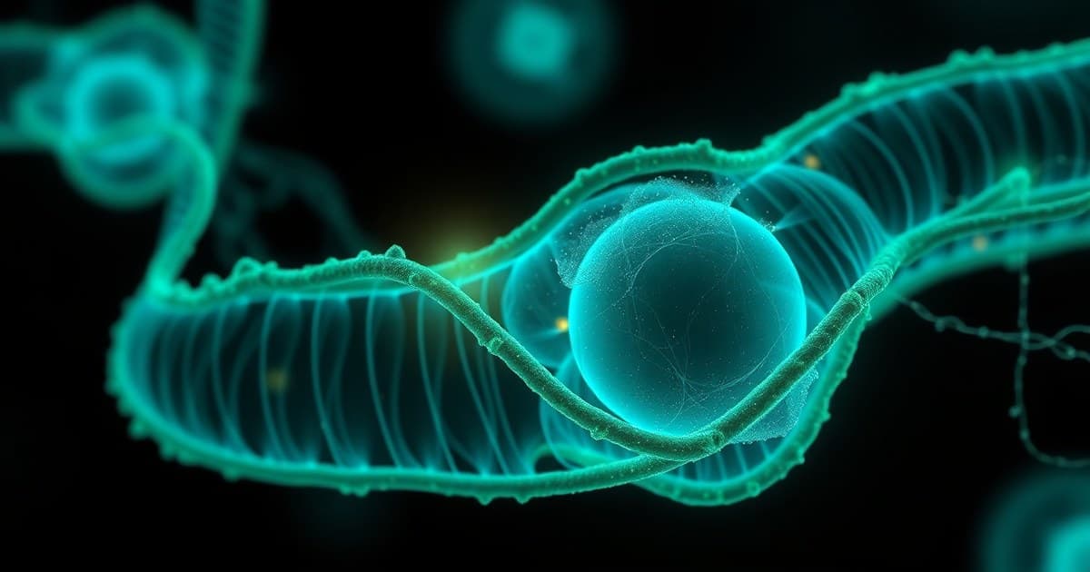 Abstract molecular visualization of the coenzyme Q10 molecule and the mitochondrial respiratory chain, rendered in emerald and teal tones
