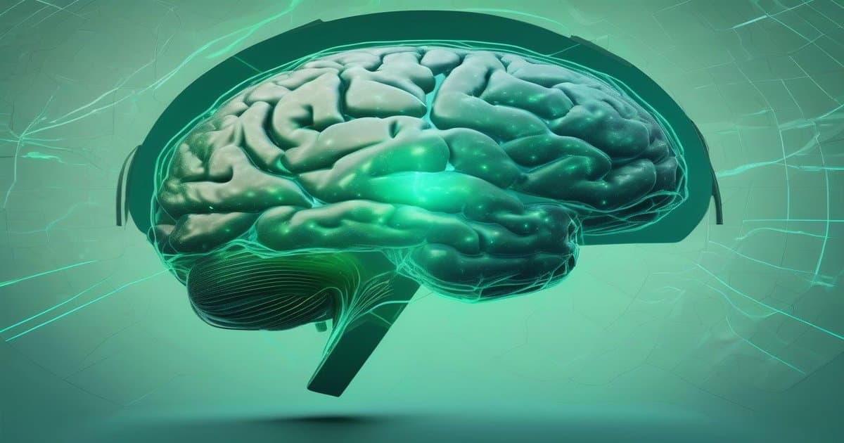 Abstract visualization of a human brain overlaid on a world map with currents of air and light flowing through it in emerald and teal tones