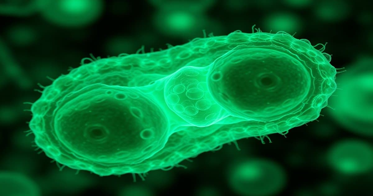 Abstract molecular visualization of the amino acid methionine and metabolic pathways inside a cell, rendered in emerald and teal tones