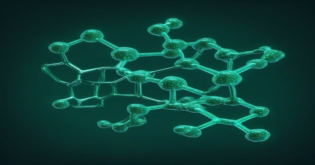 Abstract molecular visualization of NAD+ coenzyme pathways inside a cell, with emerald and teal cellular structures