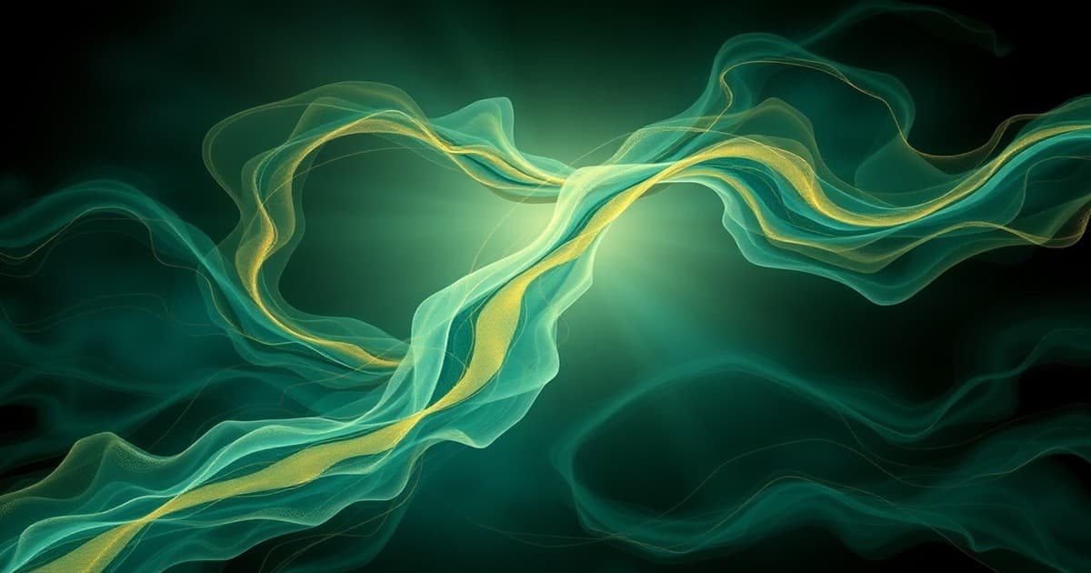 Abstract flowing pathways in emerald, teal, and gold, two luminous strands intertwining then pulling apart against a dark background